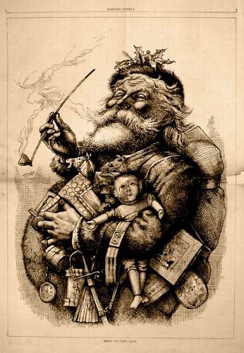 Merry Old Santa Claus, par Thomas Nast. Gravure sur bois publie le 1er janvier 1881 par le Harper's Weekly.